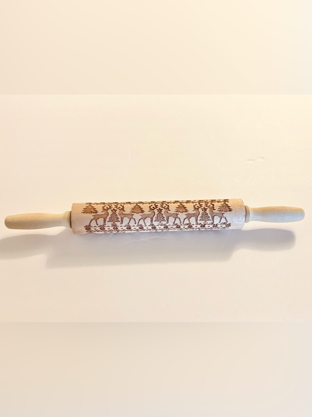 Unbranded Wood Rolling Pin with Carved Reindeer and Tree Pattern - Natural Wood